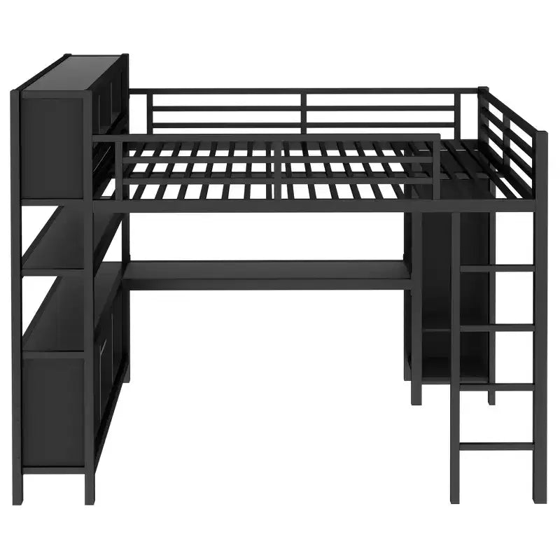 Lit mezzanine en métal avec armoire et bureau en L, usage intensif