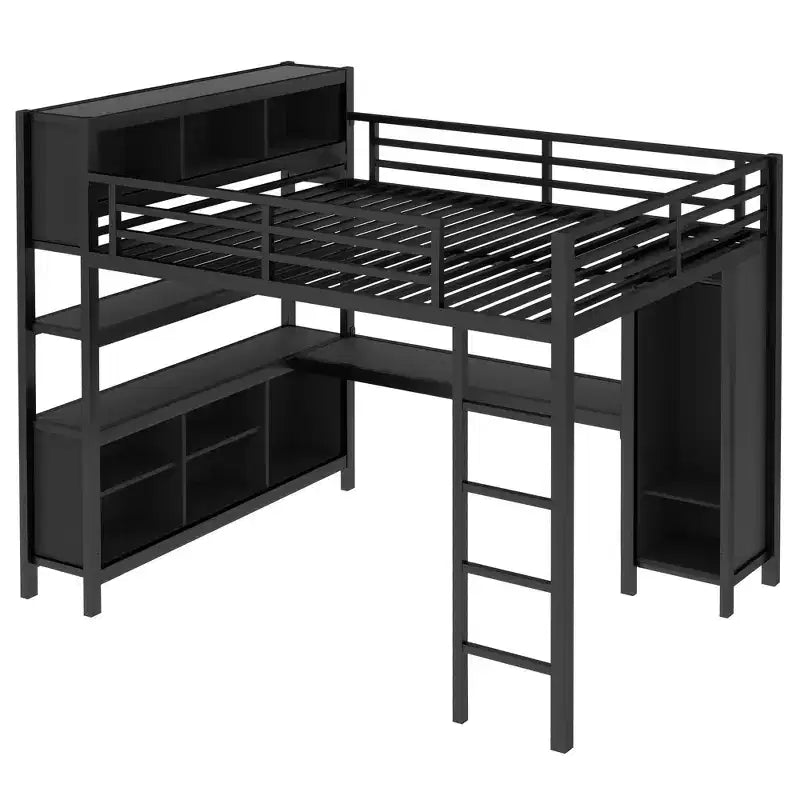 Lit mezzanine en métal avec armoire et bureau en L, usage intensif