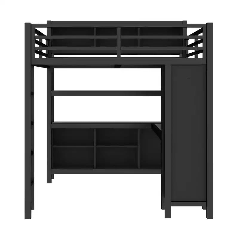 Lit mezzanine en métal avec armoire et bureau en L, usage intensif