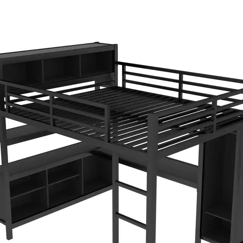 Lit mezzanine en métal avec armoire et bureau en L, usage intensif