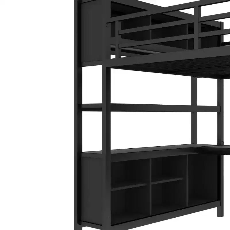 Lit mezzanine en métal avec armoire et bureau en L, usage intensif