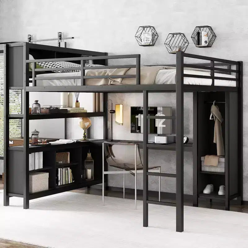Full/Queen Size Metal Loft Bed with Wardrobe and L-Shaped Desk, Heavy-Duty Loft Bed with Storage Cubes and Shelves, White/Black - ModernLuxe