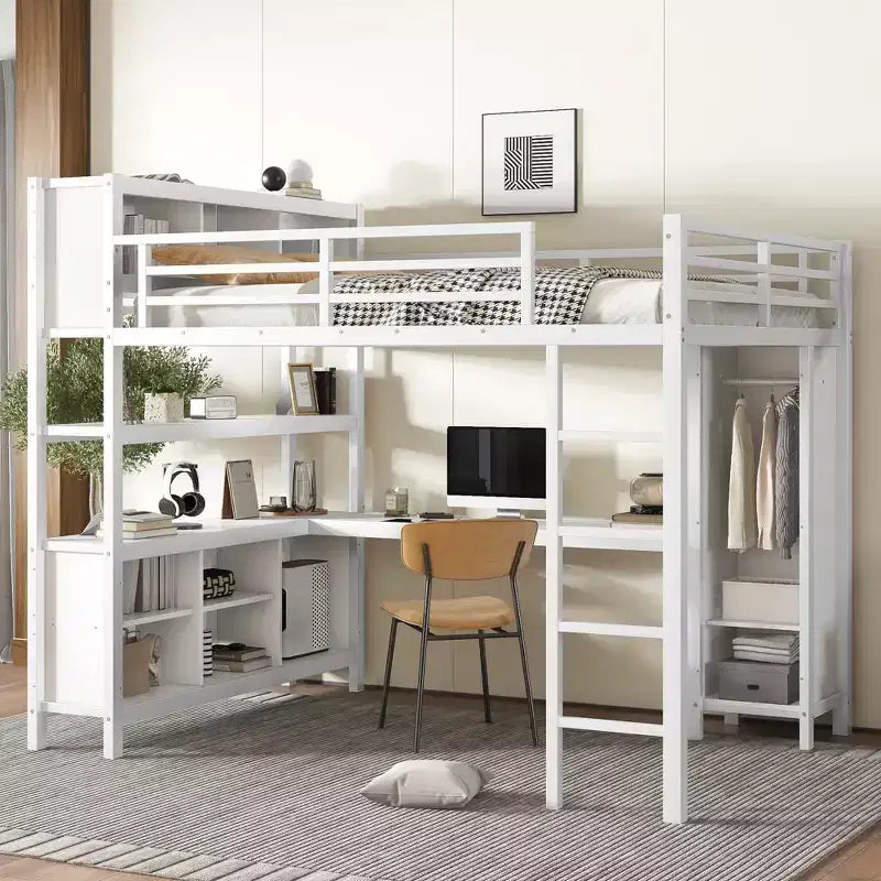 Lit mezzanine en métal avec armoire et bureau en L, usage intensif