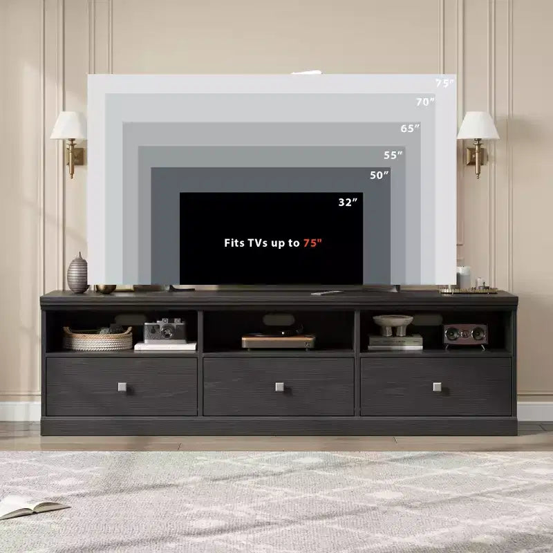 Meuble TV de 70 po pour téléviseurs jusqu'à 80 po, Banc TV moderne du milieu du siècle avec tiroir