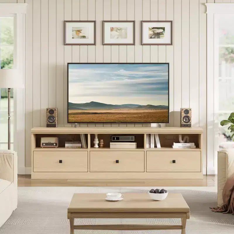 Meuble TV de 70 po pour téléviseurs jusqu'à 80 po, Banc TV moderne du milieu du siècle avec tiroir