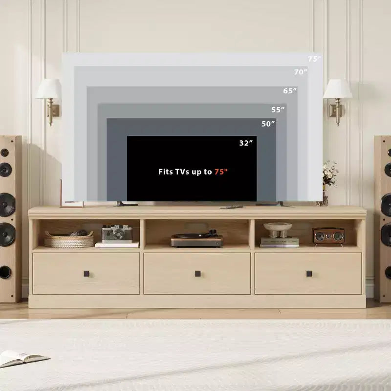 Meuble TV de 70 po pour téléviseurs jusqu'à 80 po, Banc TV moderne du milieu du siècle avec tiroir