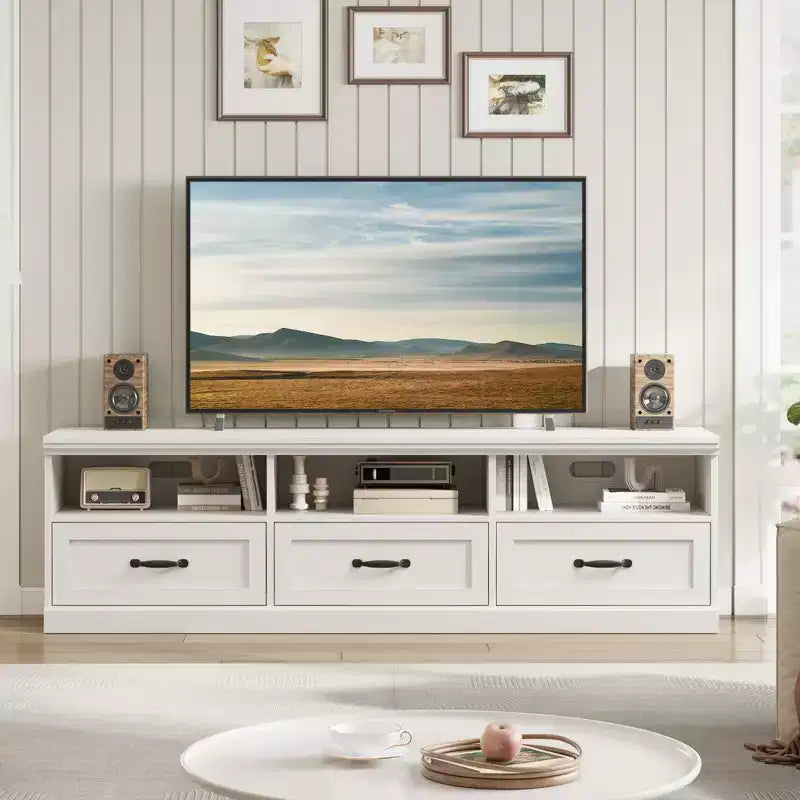 Meuble TV de 70 po pour téléviseurs jusqu'à 80 po, Banc TV moderne du milieu du siècle avec tiroir