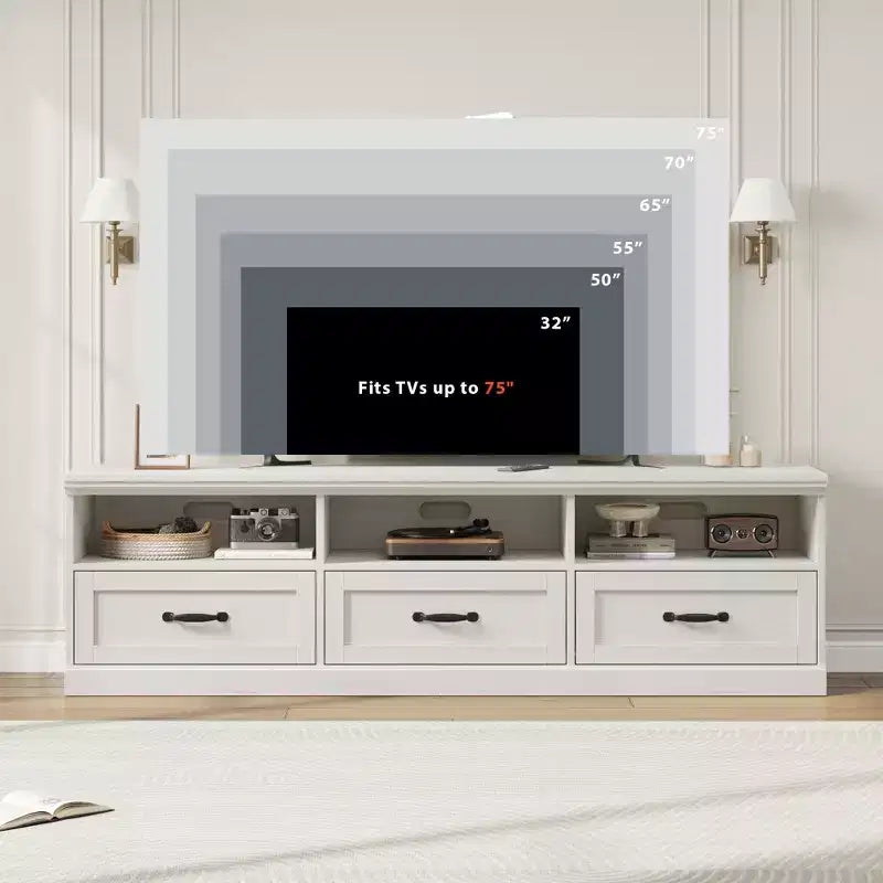 Meuble TV de 70 po pour téléviseurs jusqu'à 80 po, Banc TV moderne du milieu du siècle avec tiroir