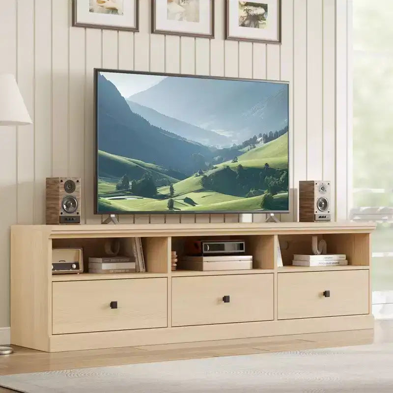 Meuble TV de 70 po pour téléviseurs jusqu'à 80 po, Banc TV moderne du milieu du siècle avec tiroir