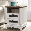 Farmhouse End Table with Charging Station - Rustic Wood Coffee Table - 2 Drawers & Open Shelf - Bedside Accent for Bedroom, Living Room, Home Office