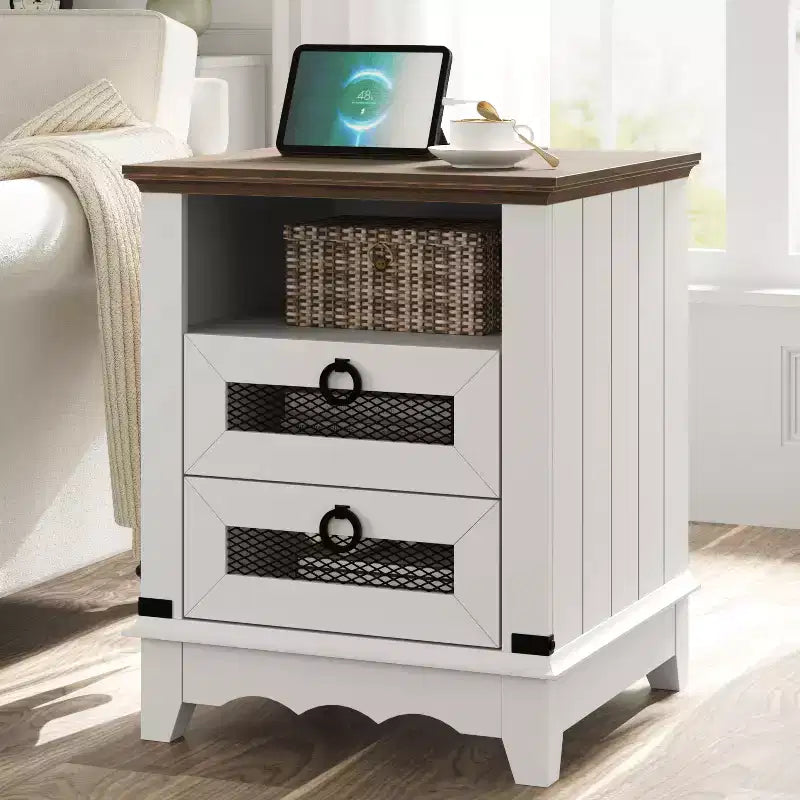 Farmhouse End Table with Charging Station - Rustic Wood Coffee Table - 2 Drawers & Open Shelf - Bedside Accent for Bedroom, Living Room, Home Office