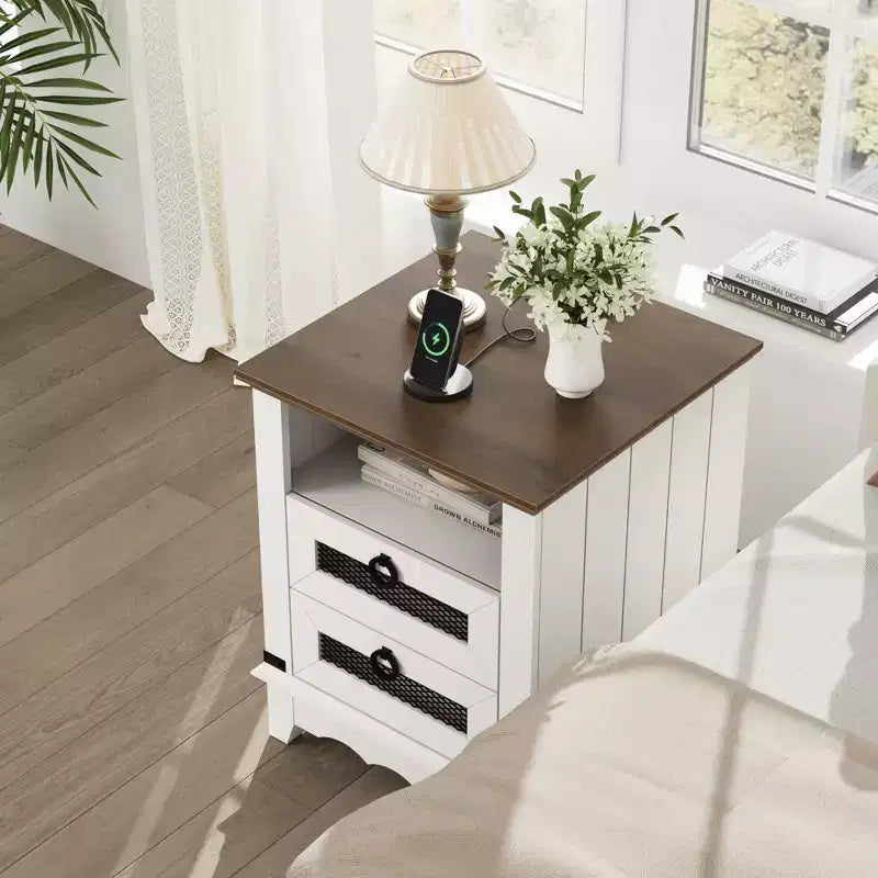 Table d'appoint de ferme avec station de recharge - Table basse en bois rustique