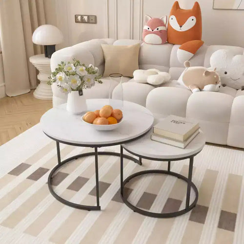 27 Round Nesting Table Set of 2, Industrial Wood-Look Tops with Sturdy Metal Frame, Space-Saving Accent End Tables, White