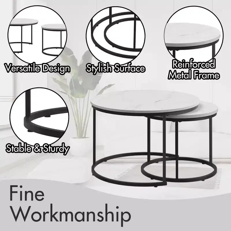 27 Ensemble de 2 tables basses gigognes rondes, plateaux aspect bois industriel