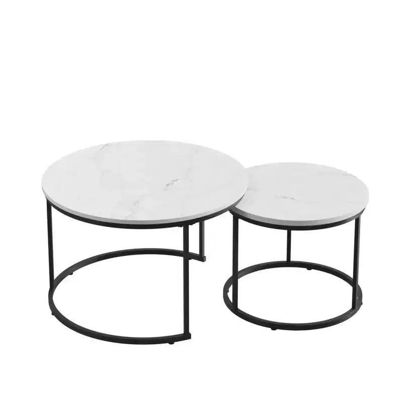27 Ensemble de 2 tables basses gigognes rondes, plateaux aspect bois industriel