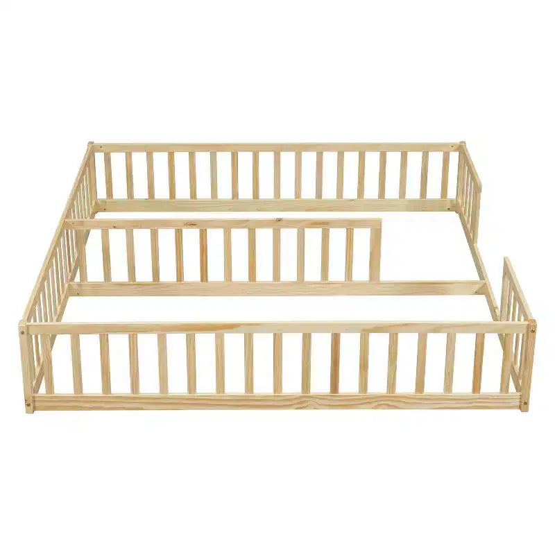 Lit de plancher double avec barrière de sécurité, lit plateforme en bois