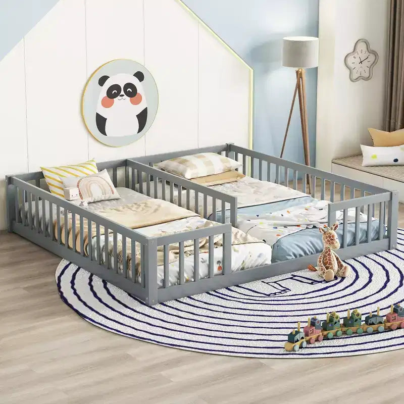 Lit de plancher double avec barrière de sécurité, lit plateforme en bois