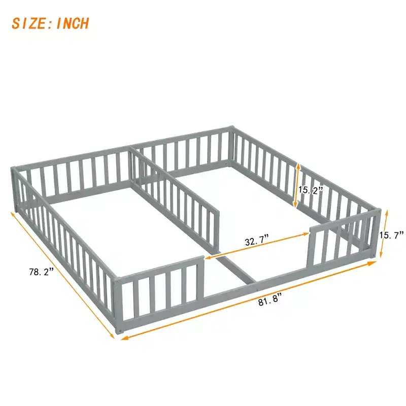 Lit de plancher double avec barrière de sécurité, lit plateforme en bois