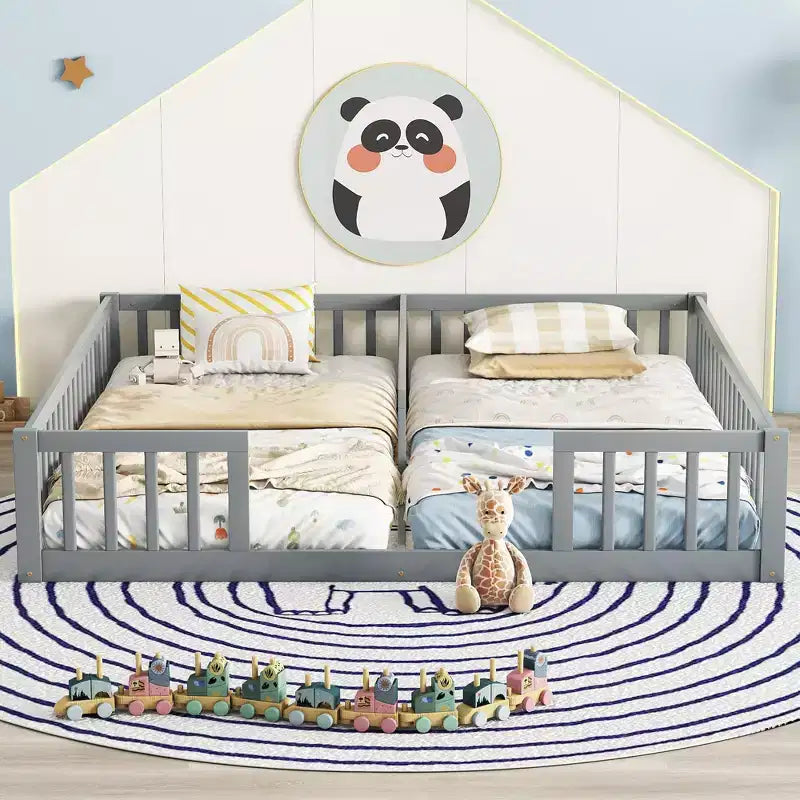 Lit de plancher double avec barrière de sécurité, lit plateforme en bois