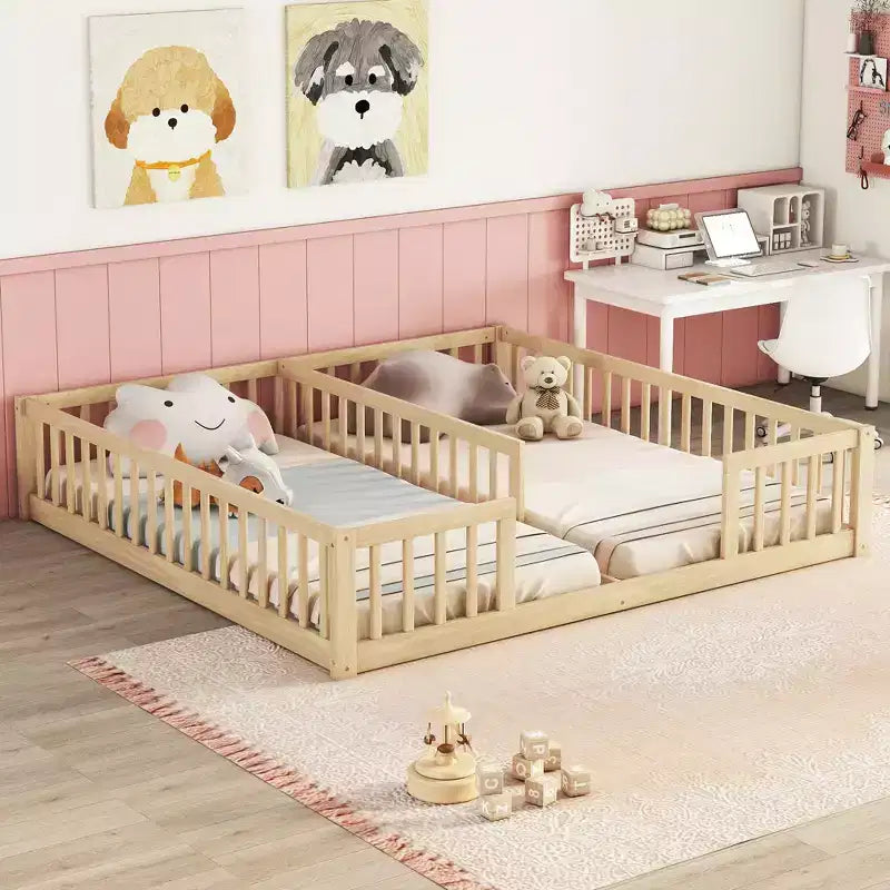 Lit de plancher double avec barrière de sécurité, lit plateforme en bois