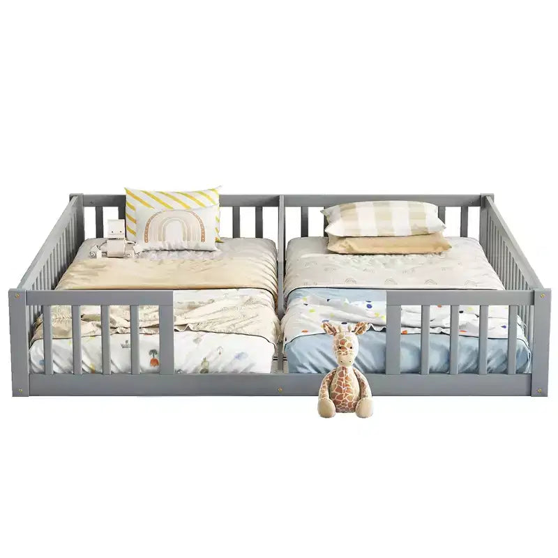 Lit de plancher double avec barrière de sécurité, lit plateforme en bois