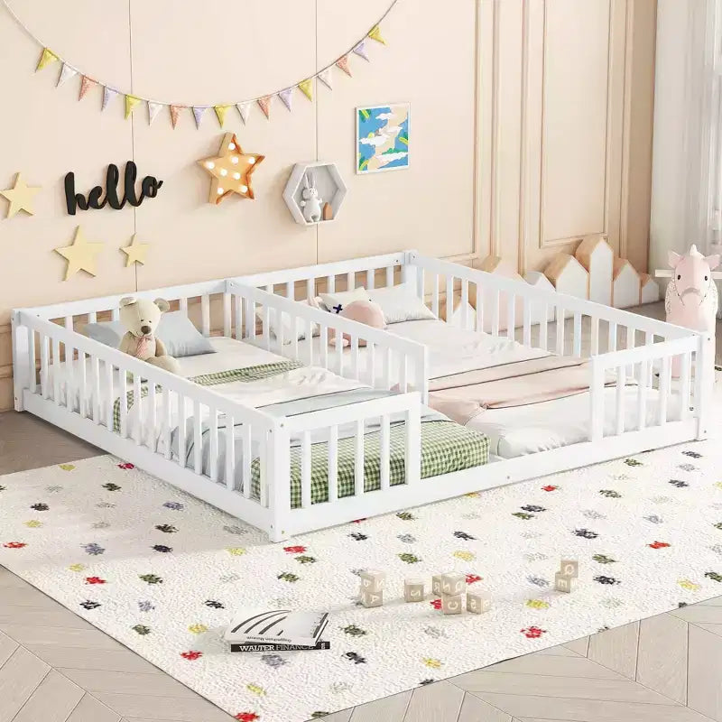 Lit de plancher double avec barrière de sécurité, lit plateforme en bois