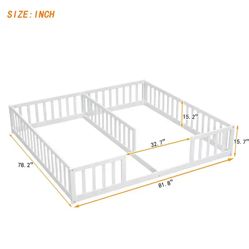 Lit de plancher double avec barrière de sécurité, lit plateforme en bois