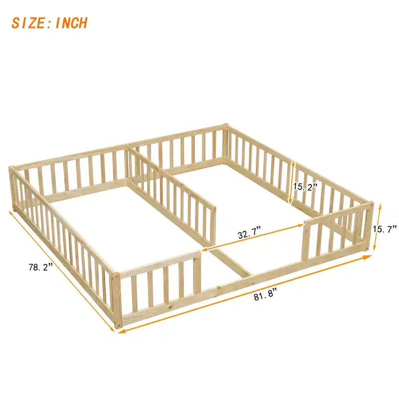 Lit de plancher double avec barrière de sécurité, lit plateforme en bois