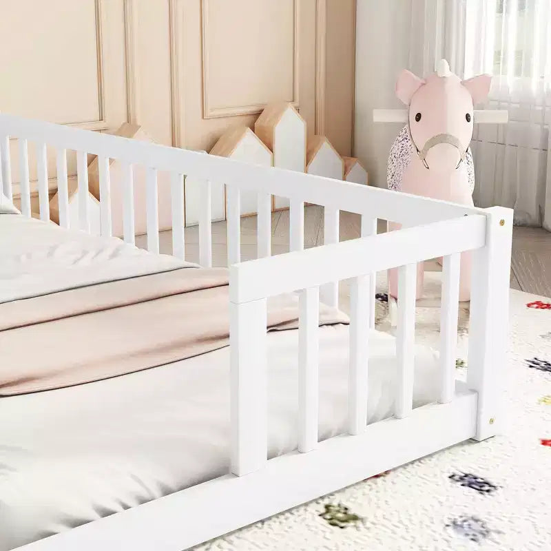Lit de plancher double avec barrière de sécurité, lit plateforme en bois