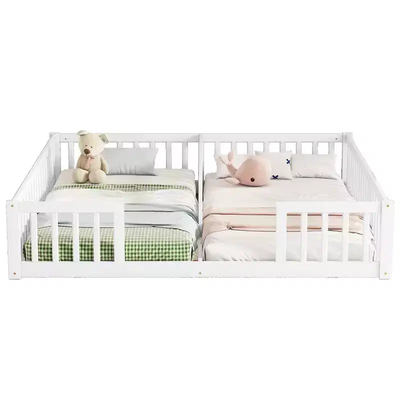 Lit de plancher double avec barrière de sécurité, lit plateforme en bois