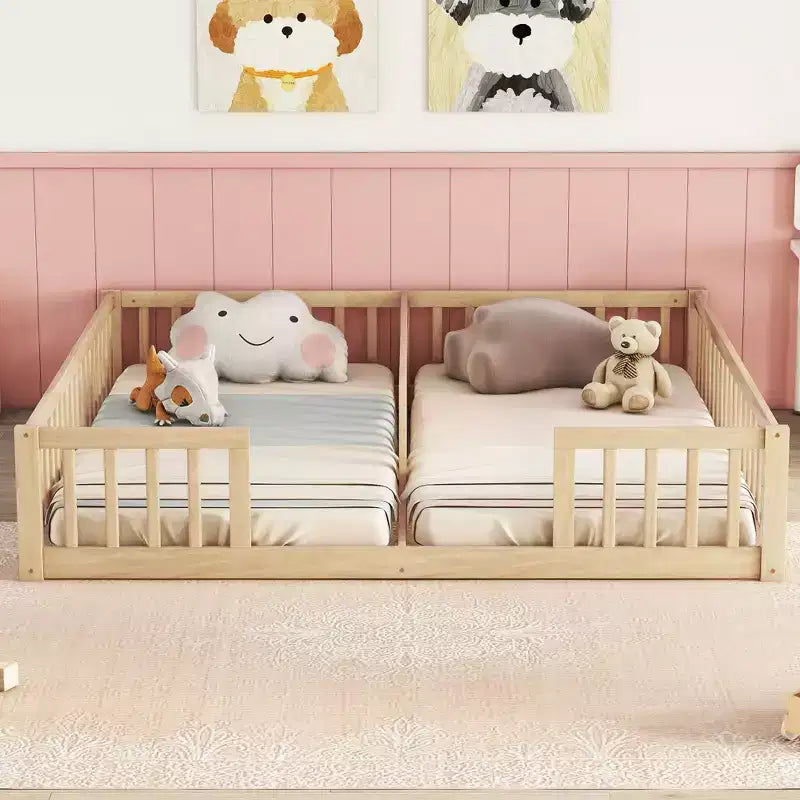Lit de plancher double avec barrière de sécurité, lit plateforme en bois