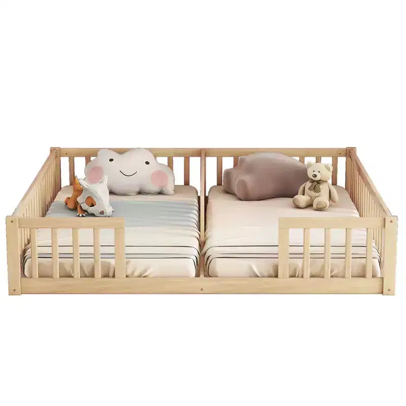 Lit de plancher double avec barrière de sécurité, lit plateforme en bois
