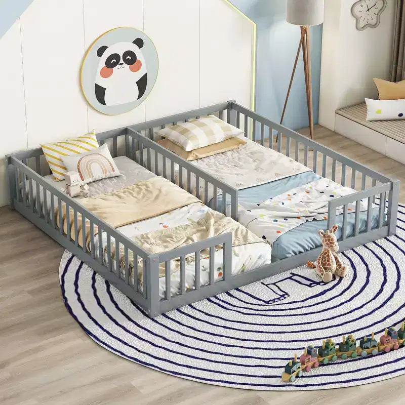 Lit de plancher double avec barrière de sécurité, lit plateforme en bois