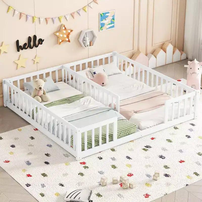 Lit de plancher double avec barrière de sécurité, lit plateforme en bois