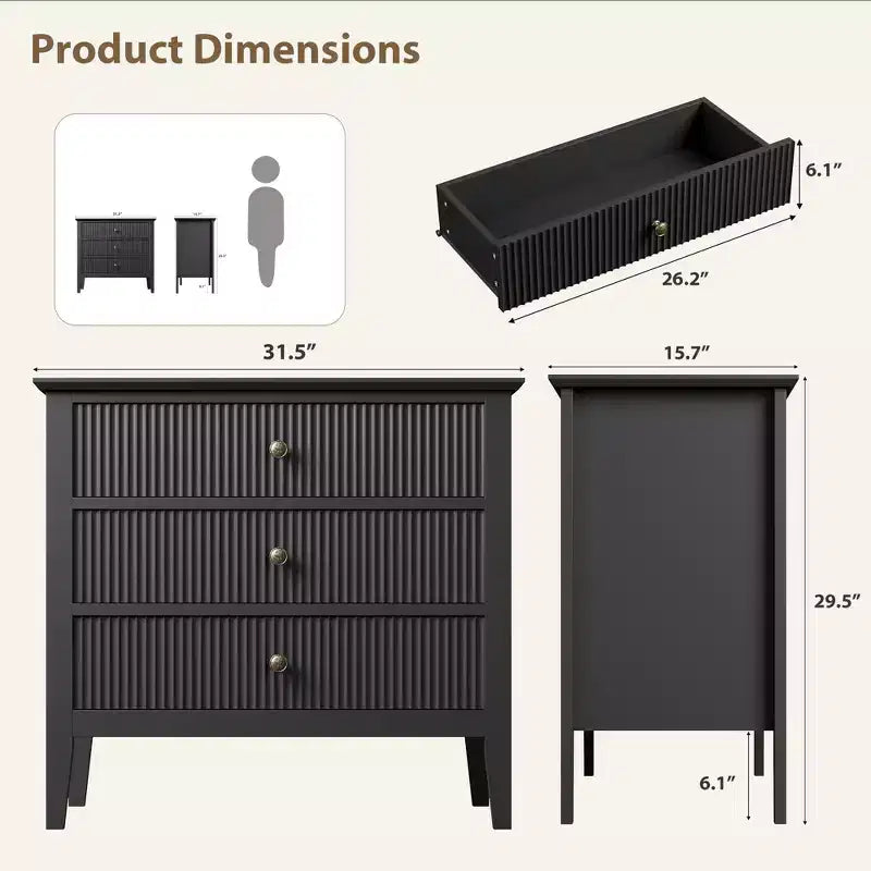 Commode 3 tiroirs cannelés, avec commode en bois texturé vertical