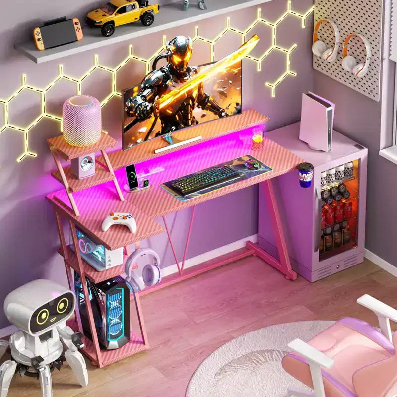 Bureau de jeu en L de 47 pouces rose pour petits espaces Table d'ordinateur d'angle