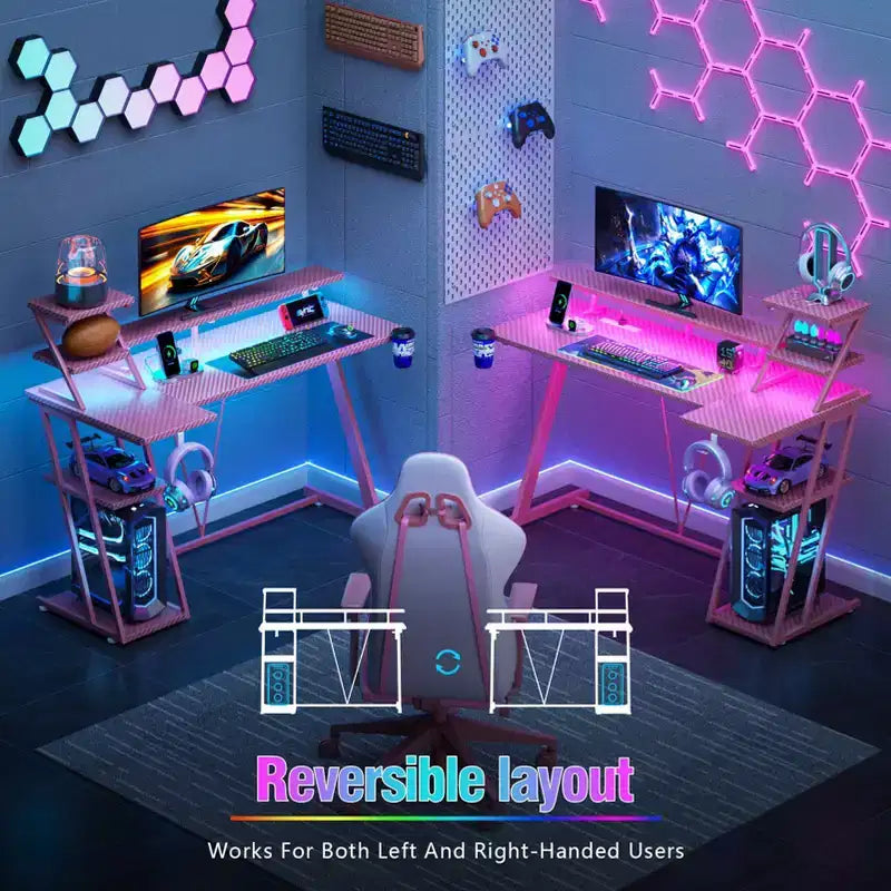 Bureau de jeu en L de 47 pouces rose pour petits espaces Table d'ordinateur d'angle