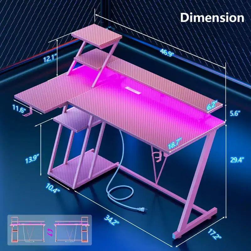 Bureau de jeu en L de 47 pouces rose pour petits espaces Table d'ordinateur d'angle