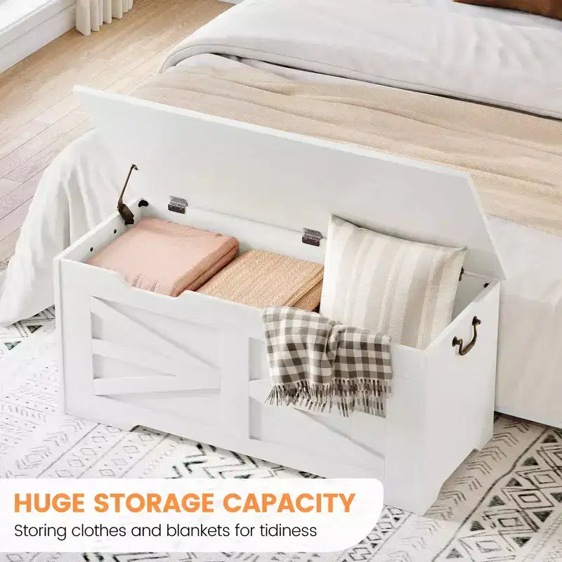 Banc de rangement polyvalent en bois avec couvercle à charnière de sécurité - Coffre de style fermier