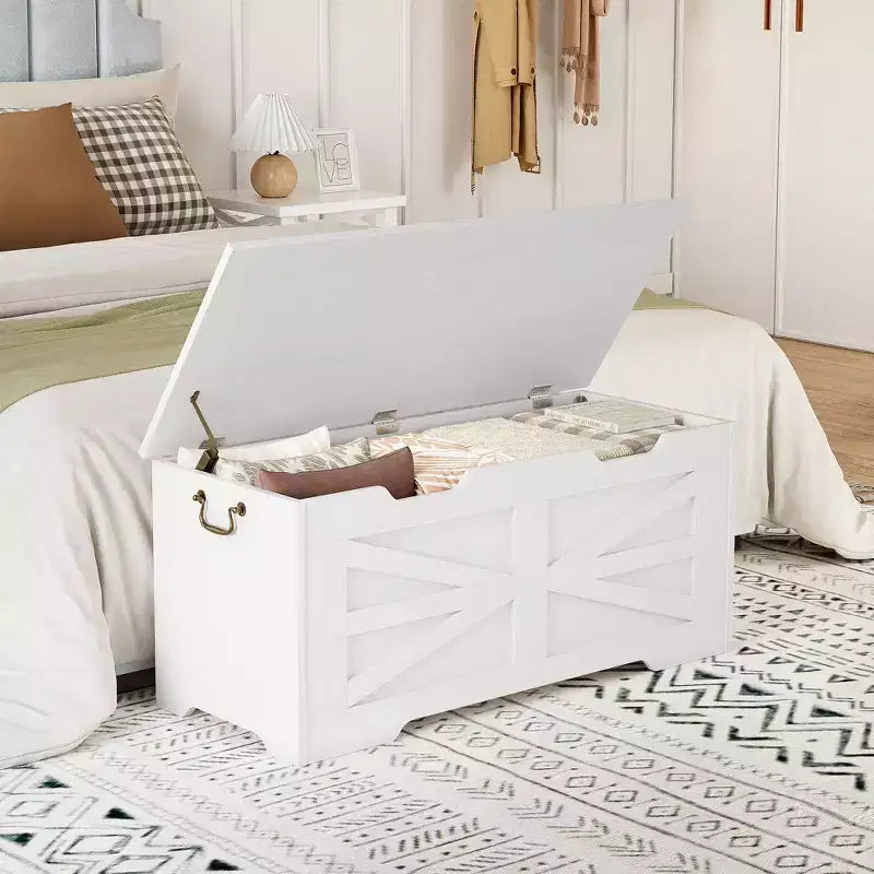 Banc de rangement polyvalent en bois avec couvercle à charnière de sécurité - Coffre de style fermier