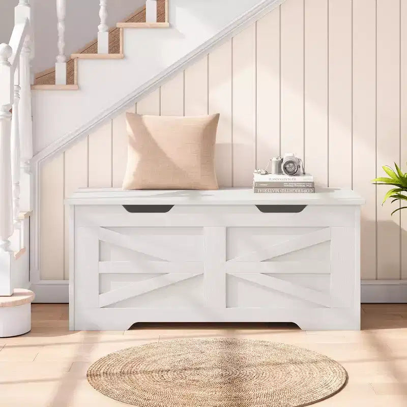 Banc de rangement polyvalent en bois avec couvercle à charnière de sécurité - Coffre de style fermier
