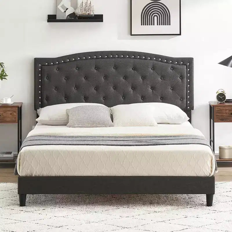 Queen Size Platform Bed Frame, Queen Upholstered Bed Frame with Adjustable Headboard, Heavy-Duty Slats Support, No Box Spring Needed, Gray