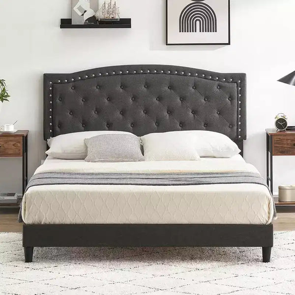 Queen Size Platform Bed Frame, Queen Upholstered Bed Frame with Adjustable Headboard, Heavy-Duty Slats Support, No Box Spring Needed, Gray