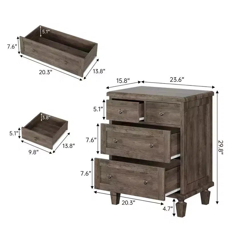 Commode vintage à 4 tiroirs avec pieds fuselés, en bois gris