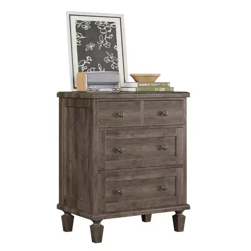 Commode vintage à 4 tiroirs avec pieds fuselés, en bois gris
