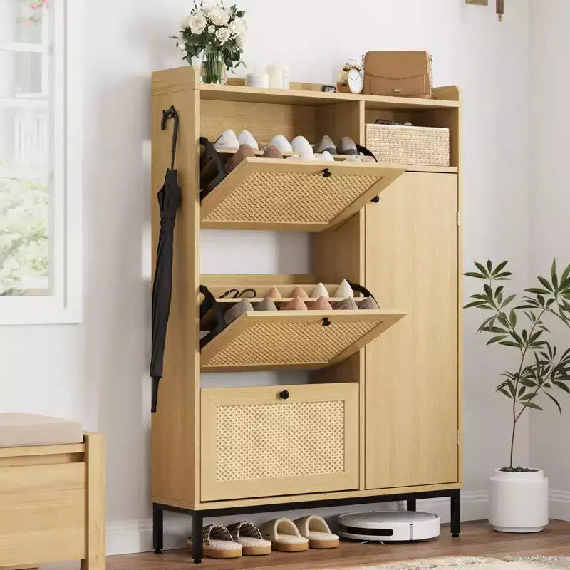 Meuble à chaussures étroit en rotin - 3 tiroirs basculants