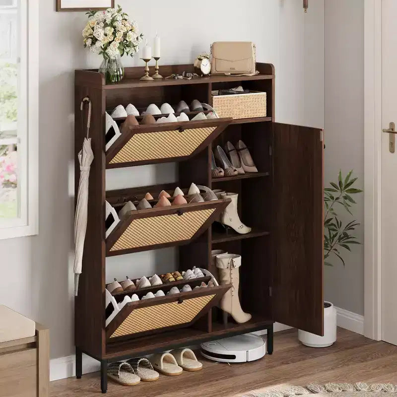 Meuble à chaussures étroit en rotin - 3 tiroirs basculants