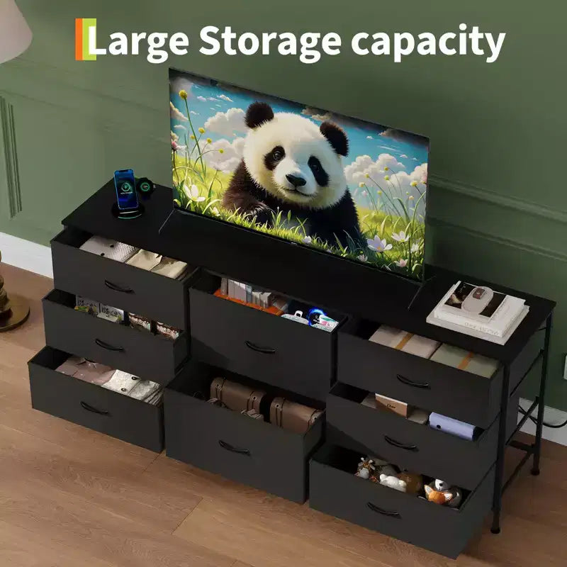 Commode en tissu à 8 tiroirs avec plateau en bois, meuble TV et organisateur de rangement, commode à cadre métallique pour chambre à coucher