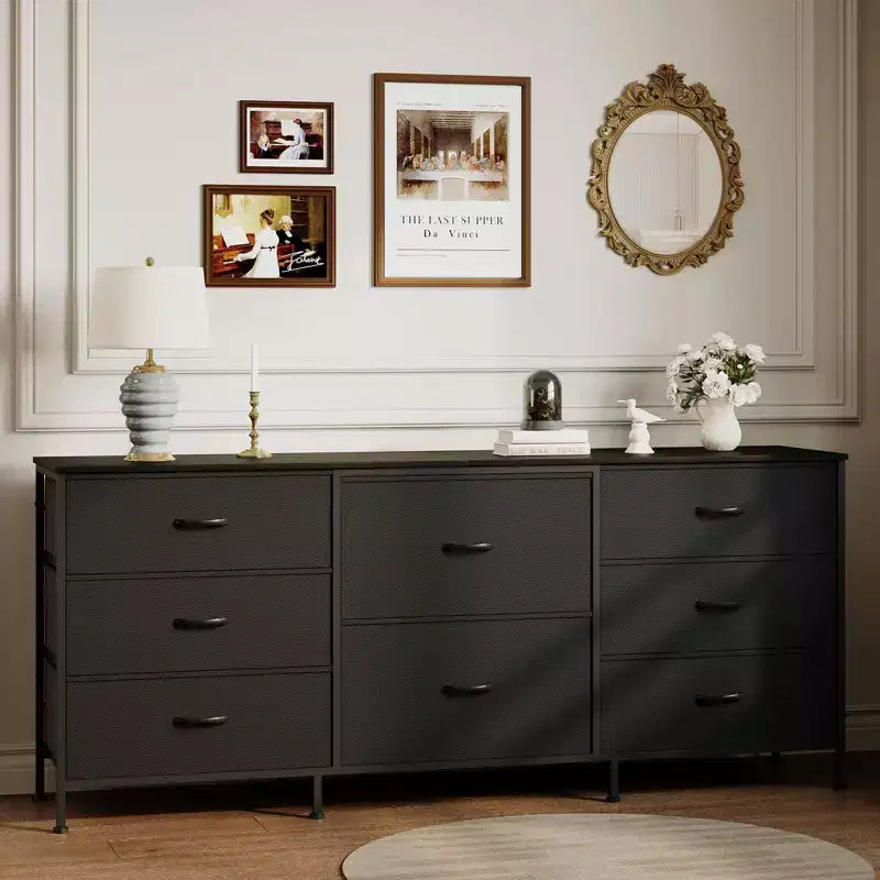 Commode en tissu à 8 tiroirs avec plateau en bois, meuble TV et organisateur de rangement, commode à cadre métallique pour chambre à coucher