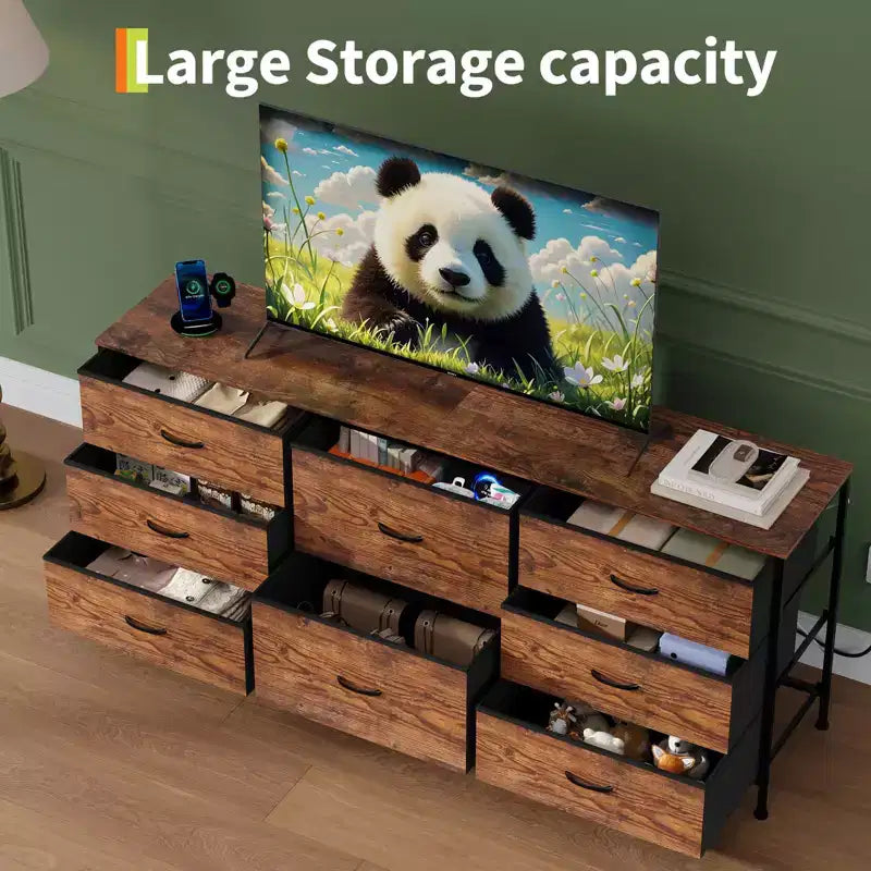 Commode en tissu à 8 tiroirs avec plateau en bois, meuble TV et organisateur de rangement, commode à cadre métallique pour chambre à coucher